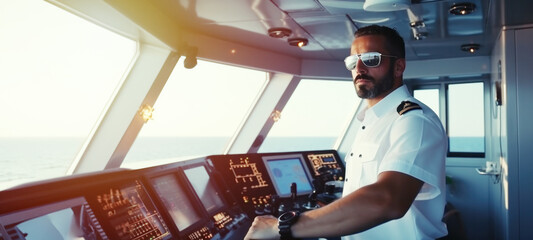 Obraz premium Captain in control of the cruise, Navigation officer on watch during cargo operations, security control room, Pirate boat, VHF radio, Commercial shipping, Cargo ship, Large cruise shipcabins