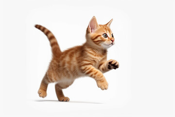 cute playful kitten running isolated on white background - obrazy, fototapety, plakaty