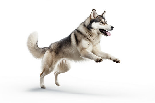Happy alaskan malamute dog jumping and running isolated on white background
