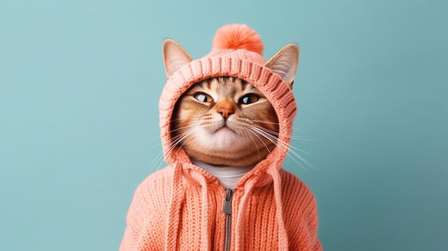 Cat dressed in winter clothes portrait on isolated background - ai generative