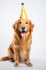 golden retriever dog with birthday party hat standing in fornt of white wall, medium closeup shoot