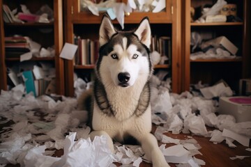 Siberian husky portrait against the backdrop of a mess at home , Generative AI