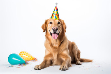 golden retriever dog with birthday party hat sitting in fornt of white wall, medium closeup shoot