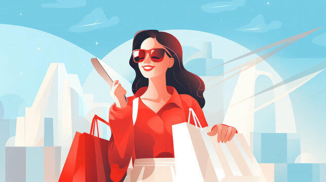 Young attractive fashionable woman holding packages with clothes after shopping. Isolated concept girl character with perfect style.