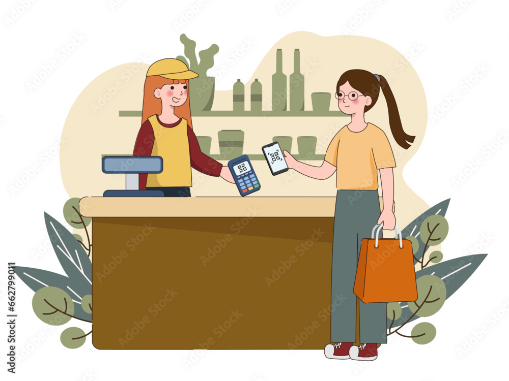 Poster customer use mobile cashless payment system or scan qr code. characters using digital banking servic