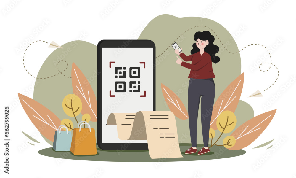 Poster customer use mobile cashless payment system or scan qr code. characters using digital banking servic