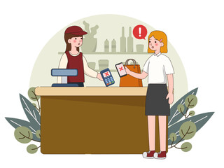 Contactless cashless payment with credit card on mobile phone. paying problem fail or reject on screen. vector illustration