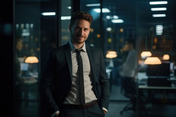 Portrait of a handsome CEO businessman smiling at modern office, Generative AI