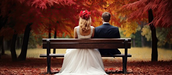 Obraz premium Colorfully dressed couple sitting on a bench With copyspace for text