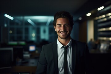 Fototapeta premium Portrait of a handsome CEO businessman smiling at modern office, Generative AI