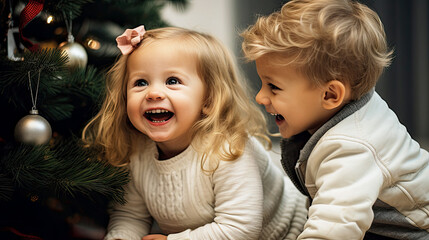 Zwei kleine Kinder mit hellen Pullovern und blonden Haaren, ein Junge und ein Mädchen, sitzen lachend und glücklich unter dem festlich geschmückten Weihnachtsbaum