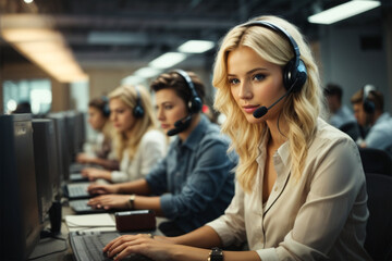 Wide view of beautiful blonde Russian girl working on computer accompanied by a group of call center operators