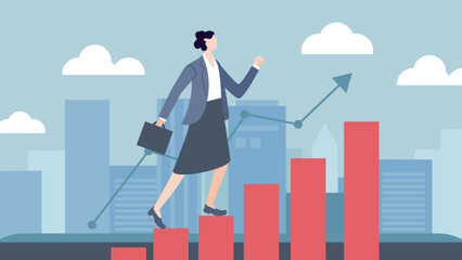 flat illustration of business person on graph with building