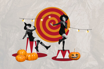 Brochure collage image of cheerful mad girls clown preparing helloween performance isolated on...