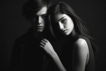 Beautiful young man and woman posing in studio, Studio shoot, Black and white, Low key