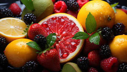 Freshness of summer berries, nature sweet and healthy gourmet dessert generated by AI