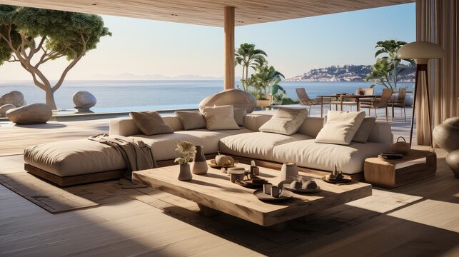 A living room modern beach house with swimming pool and terrace.