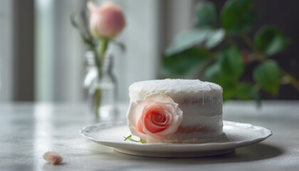 Romantic elegance: a single pink flower adds beauty to dessert generated by AI