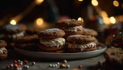 Homemade chocolate chip cookies on rustic wood table with decoration generated by AI