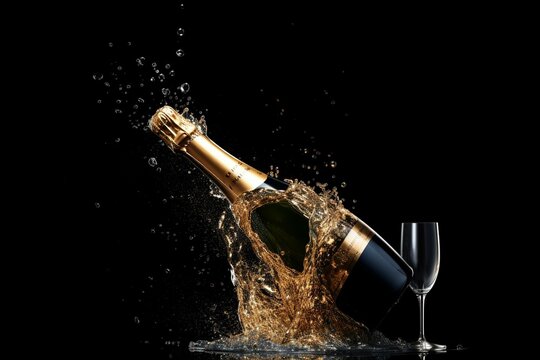 A champagne bottle getting splashed by water and sand on a dark backdrop with a water splash. Generative AI