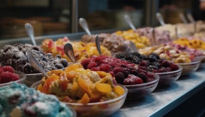 A bowl of fresh, multi colored berries a healthy indulgence generated by AI