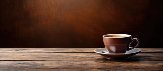 Coffee cup on wooden table in a still life composition With copyspace for text - obrazy, fototapety, plakaty