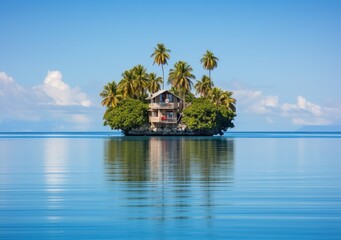 A landscape of a small island with houses in the middle of the sea with a beautiful sky scene.