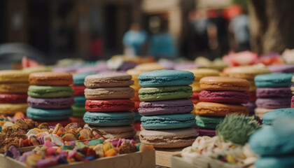 A colorful gourmet macaroon stack, a sweet French indulgence generated by AI