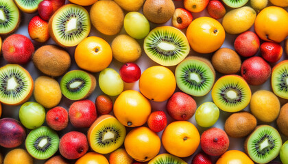 Vibrant collection of juicy, ripe, multi colored fruits on green background generated by AI