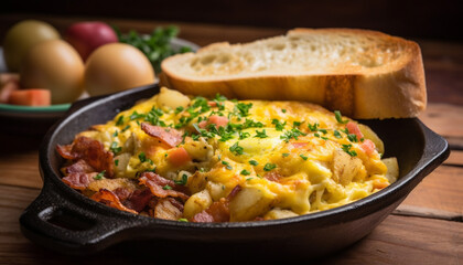 Fototapeta na wymiar Healthy homemade meal: Scrambled eggs, bacon, and prepared potato casserole generated by AI