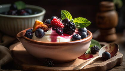 Healthy homemade berry parfait with fresh blueberries and raspberries generated by AI