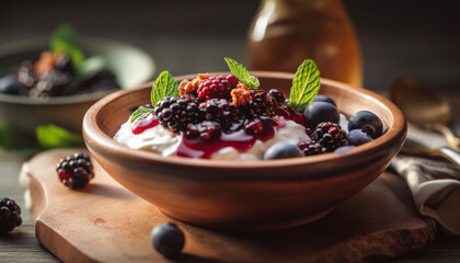 Fresh berry parfait with granola and yogurt on rustic wood table generated by AI - obrazy, fototapety, plakaty