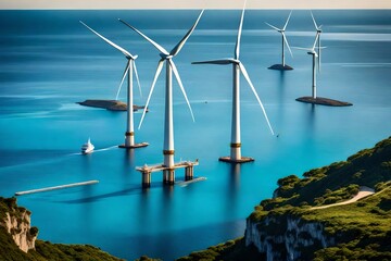 wind turbines in the sea - obrazy, fototapety, plakaty