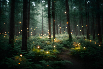 Obraz premium A dreamy forest with glowing fireflies