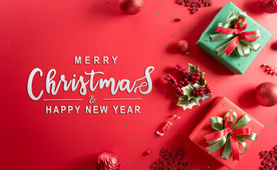 Christmas and new year background concept. Top view of Christmas decoration made from gift box,...