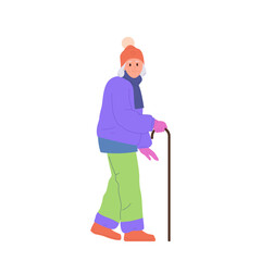Happy positive retired woman cartoon character enjoying walking time during winter time vacation