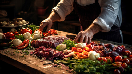 Selective focus on hands of a chef preparing kebab with peppers, vegetables and herbs, preparing dishes in traditional Turkish or Oriental cafe, idea for design of banner or advertising in restaurant