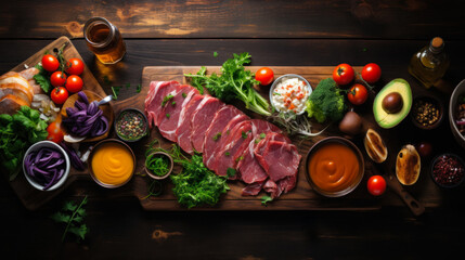 Sliced meat and fresh vegetables on a wooden table, the process of preparing meat dishes in a traditional Turkish cafe, creating menus and recipes for dishes in a restaurant and cafe - obrazy, fototapety, plakaty
