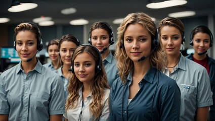 A Russian team of smiling customer support phone operators stand looking forward at the call center.