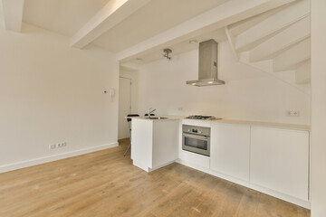 Fototapeta na wymiar an empty kitchen with white cabinets and wood flooring in the middle of the room, there is a stove