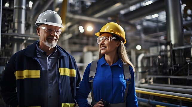 Smiling Workers, A Woman And A Man In Helmets And Uniforms At An Oil And Gas Plant.