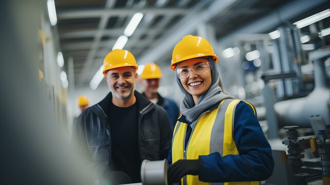 Smiling workers, a woman and a man in helmets and uniforms at an oil and gas plant.