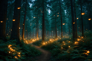 A dreamy forest with glowing fireflies