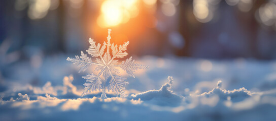 Winter season outdoors landscape, snowflake shape in nature on a forest ground covered with ice and snow, under the morning sun - Seasonal background for Christmas greeting card, New Year wishes