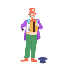 Cute clown wearing funny costume playing melody on accordion music instrument isolated on white