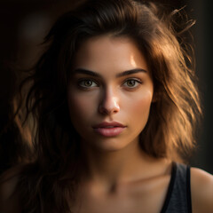 Portrait of a beautiful young woman with long brown curly hair.