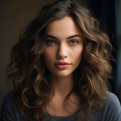 Fototapeta premium Portrait of beautiful young woman with curly hair looking at camera.