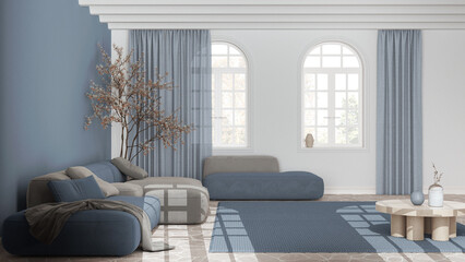 Minimalist nordic living room in white and blue tones. Velvet sofa, stone floor, vaulted ceiling and arched windows. Scandinavian interior design