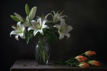 A still life with lilies in a clear glass vase against a grey wall. Generative AI