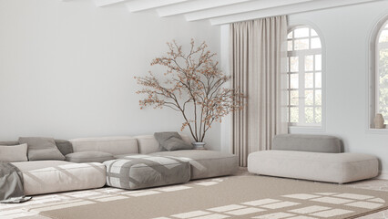 Scandinavian nordic living room in white and beige tones. Velvet sofa with pillows and carpet, potted tree and decors. Minimalist modern interior design - obrazy, fototapety, plakaty